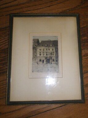 Vintage Antique Art Print European Cityscape Architecture Signed